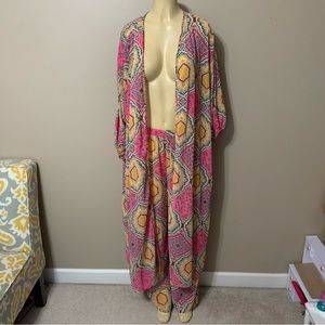 RusttyDustty Sz XL Pink Multicolor Boho Long Cardigan & Matching Pants Boutique